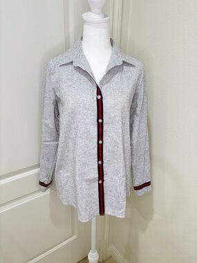 Light Gray Button Front Top with Red & Navy Trim KOREAN STYLE